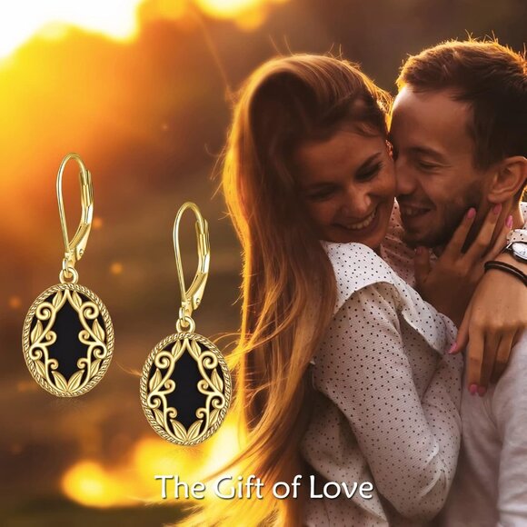 Sterling Silver & 24K Gold Plated Black Onyx Dangle Earrings for Women Girls, El - Picture 6 of 7